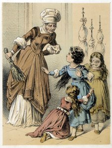Illustrazione dei racconti di Franz Hoffmann "Racconti e Favole - I 3 Doni": una donna abusava delle 3 ragazze. Cromolitografia del XIX secolo