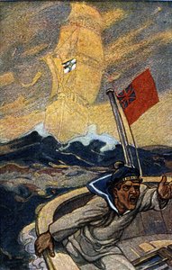 Illustrazione della propaganda tedesca dalla rivista Jugend durante la Prima Guerra Mondiale. Un marinaio inglese è terrorizzato dall