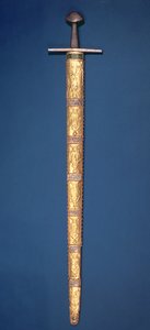 Spada imperiale degli imperatori del Sacro Romano Impero con pomolo e traversa parzialmente dorati, l