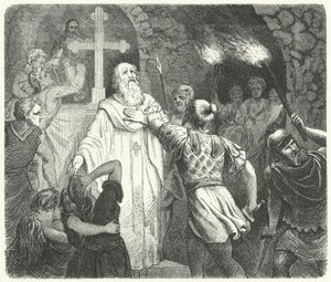 Interruzione di un servizio cristiano nelle catacombe romane (incisione) da German School