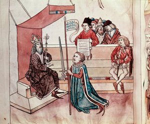Investitura di un cavaliere. Miniatura da "Cronache del Concilio di Costanza" di Ulrich Richental (1360-1437) circa 1438 Praga, biblioteca nazionale da German School