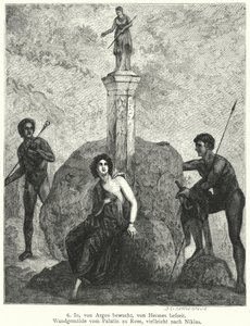 Io, sorvegliata da Argo Panoptes per ordine della dea Hera, osservata da Ermes, inviato da Zeus per rapirla, affresco romano da German School