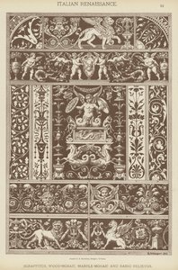 Rinascimento italiano, sgraffiti, mosaico di legno, mosaico di marmo e bassorilievi