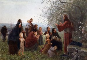 Gesù con donne e bambini ("Lasciate che i bambini vengano a me"), Germania ca. 1880 da German School