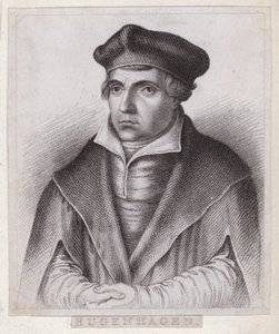 Johannes Bugenhagen (Doctor Pomeranus), sacerdote e teologo tedesco che introduce la Riforma protestante in Pomerania e Danimarca (incisione) da German School