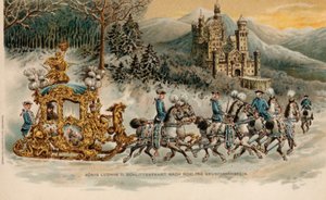 Re Ludovico II di Baviera in viaggio verso il castello di Neuschwanstein su una slitta dorata (cromolito)