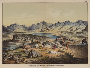Lago salato di Kiuk Kiol nella valle di Karakash, Turkestan da German School