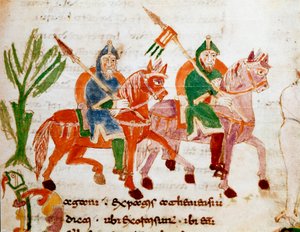 Cavalieri con cavalli Miniatura dal manoscritto 