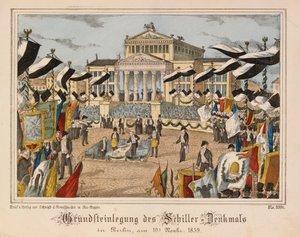 Posa della prima pietra del monumento a Schiller al Gendarmenmarkt, Berlino, 10 novembre 1859, con il Schauspielhaus sullo sfondo, da Neuruppiner Bilderbogen, pubblicato da Oehmigle & Ri da German School