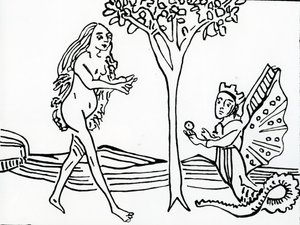 Lilith, alata e incoronata, con coda di serpente, offre la mela a Eva, da 