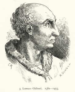 Lorenzo Ghiberti, artista del primo Rinascimento fiorentino che progettò le porte di bronzo del Battistero di Firenze (incisione) da German School