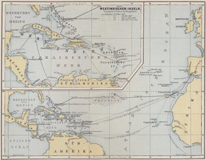 Mappa che mostra i viaggi di Cristoforo Colombo, 1492-1504 da German School