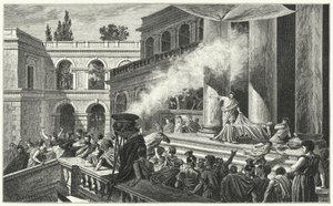 Marco Antonio provoca una rivolta con il suo discorso al funerale di Giulio Cesare, 44 a.C. da German School