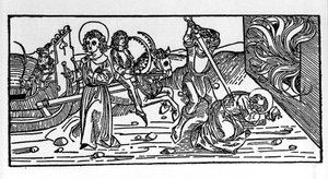 Martirio di San Policarpo di Smirne, vescovo. Incisione dal libro Leben der Heiligen - Sommerteil di Jacobus de Voragine