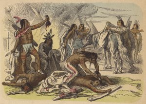 Guerrieri nativi americani che prendono gli scalpi dei loro nemici (incisione colorata) da German School