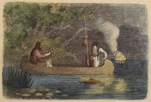 Nativi americani che pescano di notte (incisione colorata) da German School