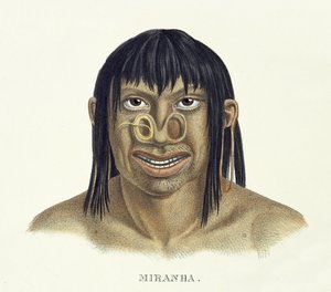Uomo nativo della tribù Miranha, con decorazione al naso, dall