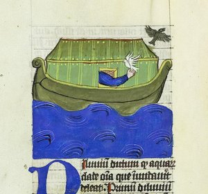 Noè libera la colomba e il corvo, De Rerum Naturis - Rabanus Maurus, c.1425 da German School