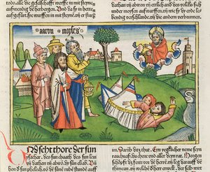 Numeri 16:32 La terra inghiotte i ribelli Datan e Abiram, dalla Bibbia di Norimberga (Biblia Sacra Germanaica)