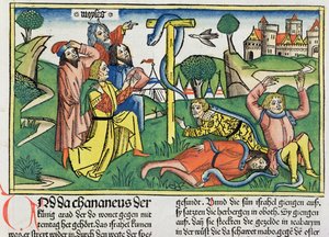 Numeri 21:4-9 Serpenti velenosi mordono gli Israeliti ribelli, dalla Bibbia di Norimberga (Biblia Sacra Germanaica) da German School