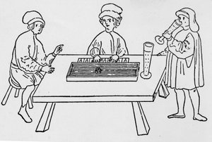 Uno dei primi disegni che rappresentano un clavicordo. Weimar XV secolo da German School