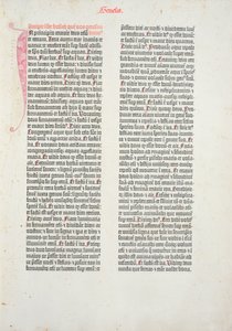 Pagina di apertura del libro della Genesi dalla Bibbia di Gutenberg, stampata da Johannes Gutenberg (c.1400-68) e Peter Schoeffer (1425-1502) a Magonza, 1454-56 da German School