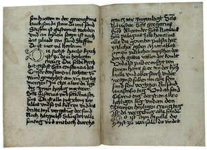 Pagine da una copia in lingua tedesca di "Mirabilia Romae, Historia et Descriptio Urbis Romae" di Pseudo-Egidio Romano, probabilmente pubblicata da Ulrich Han, Roma, circa 1475