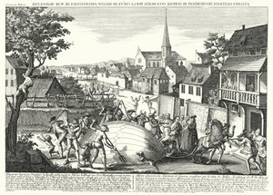 Contadini che attaccano il pallone di Jacques Charles e dei Fratelli Robert dopo che è atterrato a Gonesse, 27 agosto 1783 (incisione) da German School