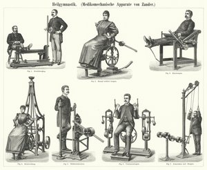 Fisioterapia: apparato di meccanoterapia inventato dal medico e ortopedico svedese Gustav Zander (incisione) da German School