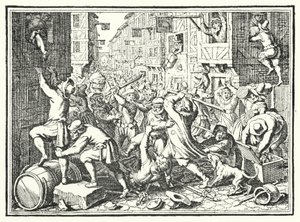 Saccheggio del Judengasse, il ghetto ebraico di Francoforte, nella rivolta di Fettmilch, 1614 da German School