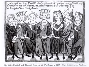 Congresso poetico e musicale, Wartburg, 1207, illustrazione da Scienza e Letteratura nel Medioevo e nel Rinascimento, scritto e inciso da Paul Lacroix, 1878