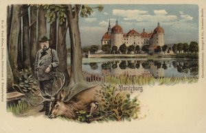Cartolina raffigurante un uomo con un cervo abbattuto con il castello di Moritzburg sullo sfondo da German School