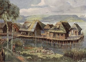 Villaggio lacustre preistorico europeo (litografia a colori)