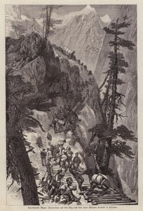 Prospectors che viaggiano attraverso le Montagne Rocciose per raggiungere le miniere d