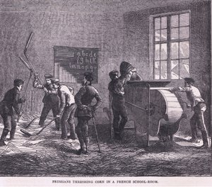 Prussiani che trebbiavano il grano in una scuola francese, Cassells History of the War between France and Germany pubblicato da Cassell and Company Limited, c.1890 da German School