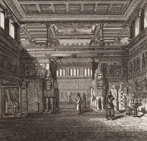Ricostruzione della sala di un re assiro. Illustrazione per Bilder-Atlas da German School