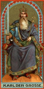 Rappresentazione di Carlo Magno (742-814), re dei Franchi, dei Longobardi e poi Imperatore. Cromolitografia
