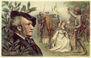 Richard Wagner e una scena dalla sua opera Lohengrin da German School