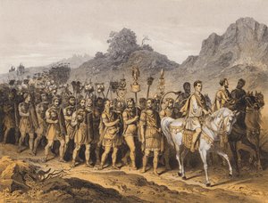 Soldati romani in marcia (litografia a colori)