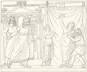 Scena teatrale romana, forse da Andria, una commedia di Terenzio (incisione)