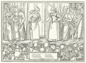 Scena di una commedia in un teatro tardo medievale (incisione)