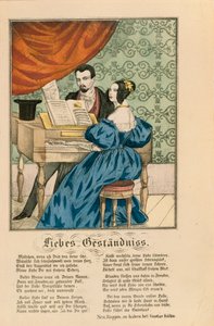 Scena che mostra una coppia al pianoforte, con una poesia d