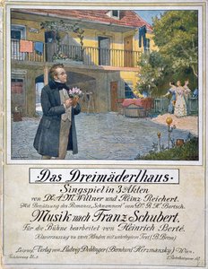 Copertina dello spartito di Das Dreimaederlhaus (La casa delle tre ragazze) che raffigura Schubert davanti alla casa, 1916 da German School