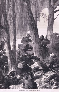 Scaramuccia nei boschi prima di Metz, Cassells History of the War between France and Germany pubblicato da Cassell and Company Limited, c.1890 (litografia) da German School