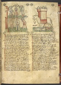 Sloane 361, f.27 Re Codro si offre di essere ucciso per il suo popolo, ed Eleazar Maccabeo che pugnala l