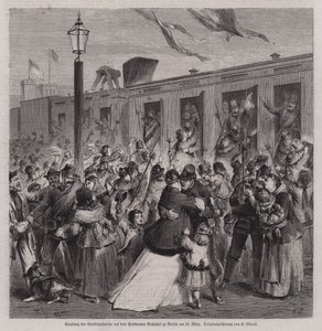 Soldati della Gardelandwehr prussiana accolti alla stazione di Potsdam, Berlino, al loro ritorno dalla guerra franco-prussiana, 22 marzo 1871 da German School