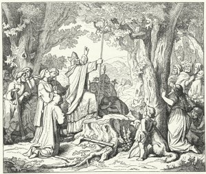 San Bonifacio abbatte la Quercia di Donar, sacra ai pagani tedeschi (incisione)