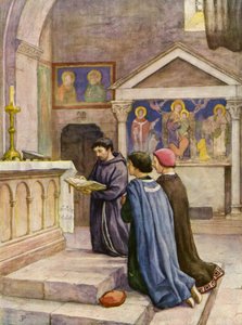 San Francesco che legge dai Vangeli (litografia a colori)