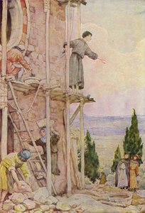 San Francesco che restaura la chiesa di San Damiano (litografia a colori) da German School