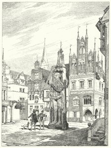 Statua di Rolando eretta nel 1404 di fronte alla cattedrale di Brema, Germania (incisione) da German School